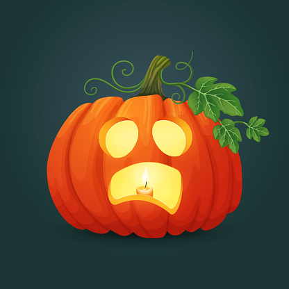 Halloween vector icon. Scared orange oval pumpkin with green leaves and vines with candle inside.