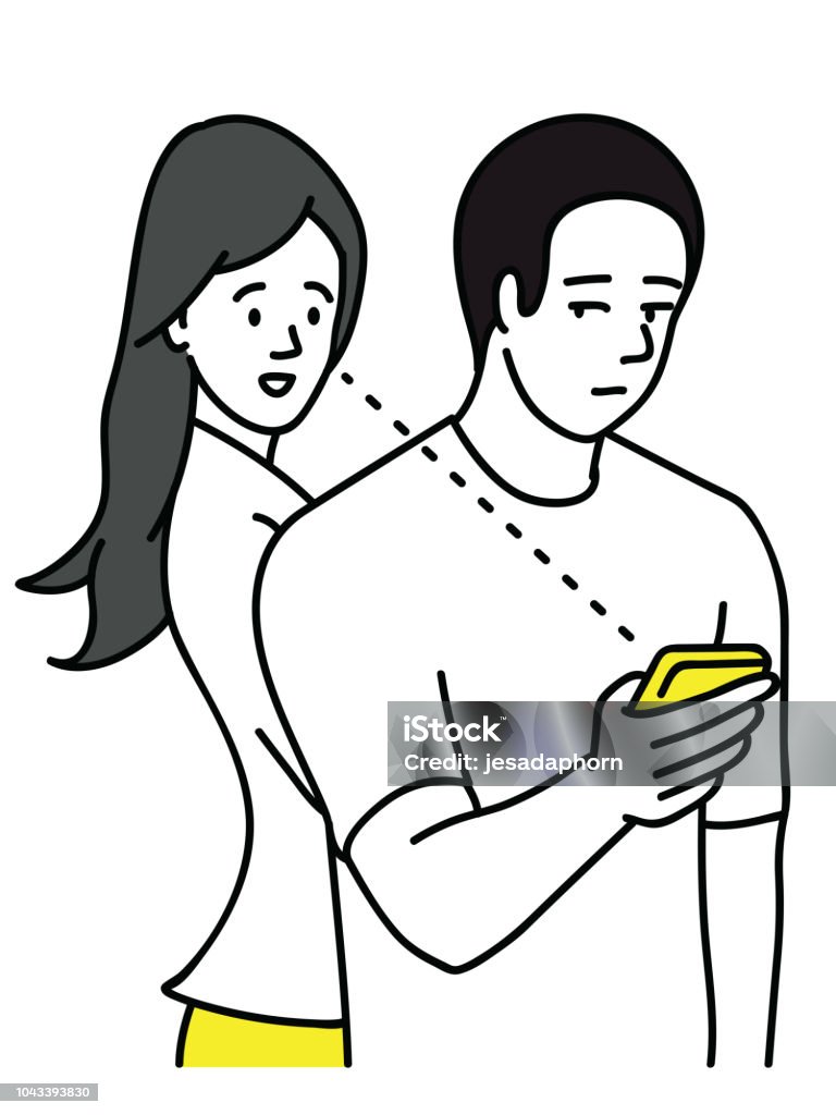 Woman looking his privacy Suspicious woman try to looking and spying by reading her boyfriend's smartphone from behind when he is not aware of privacy. Outline, hand drawn sketch design. Spy stock vector