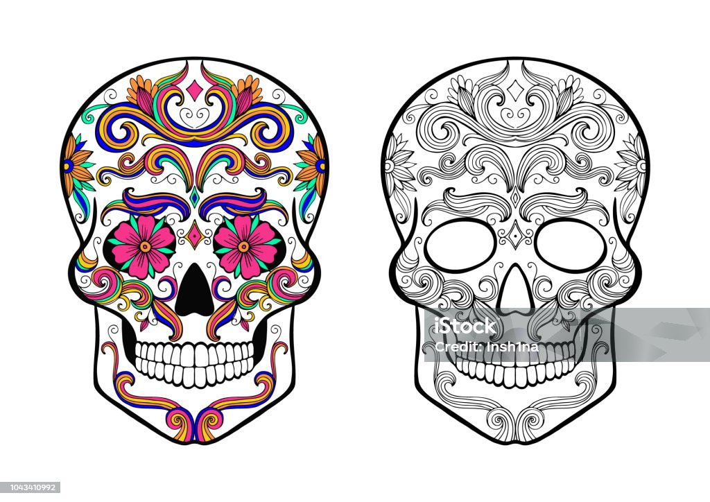Sugar Skull Coloring Page Art stock vector