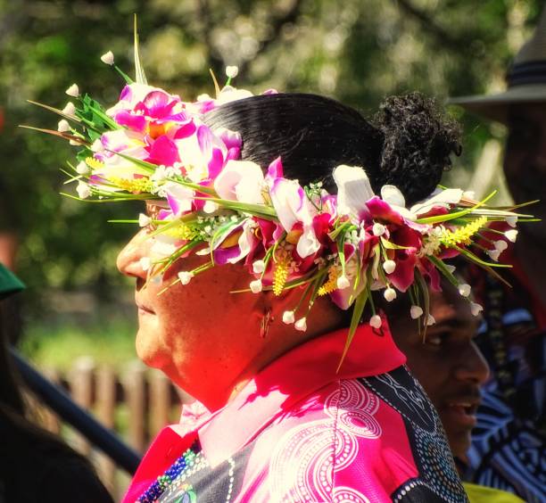 cerca de la mujer aborigen de australia con tribales diseño t shirt con tocado floral colorido - palm island fotografías e imágenes de stock