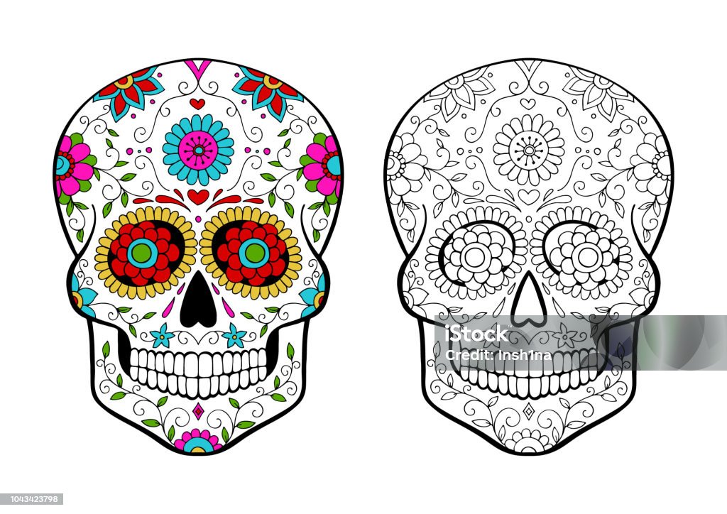set of sugar skulls coloring page Dark stock vector