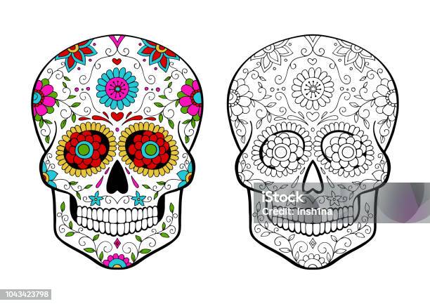 Set Of Sugar Skulls Coloring Page Stock Illustration - Download Image Now - Dark, Gothic Style, Abstract