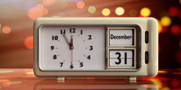 Retro alarm clock with date December 31st on festive bokeh background. 3d illustration New year's eve midnight. Retro alarm clock with the date December 31st on festive bokeh background. 3d illustration december 31 stock pictures, royalty-free photos & images