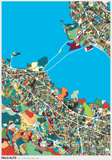 art illustration map,palo alto city of San Francisco Bay Area colorful illustration map,incloud palo alto city,part of Newark and Mountain View silicon valley stock illustrations