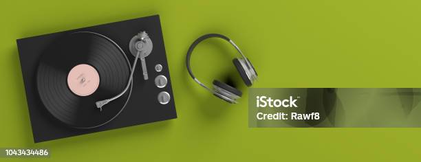 Headphones And Vinyl Lp Record Player On Bright Green Background Banner Copy Space 3d Illustration Stock Photo - Download Image Now