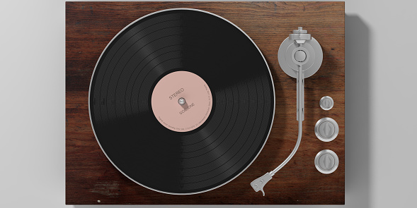 Vinyl LP record player, wooden, isolated on grey background, top view. 3d illustration