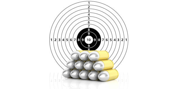 istock Bullets stack on paper shooting target with numbers background. 3d illustration 1043434560