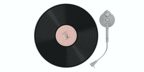 joueur de lp disque vinyle isolé, détouré sur fond blanc, vue de dessus. illustration 3d - platine de disque vinyle photos et images de collection