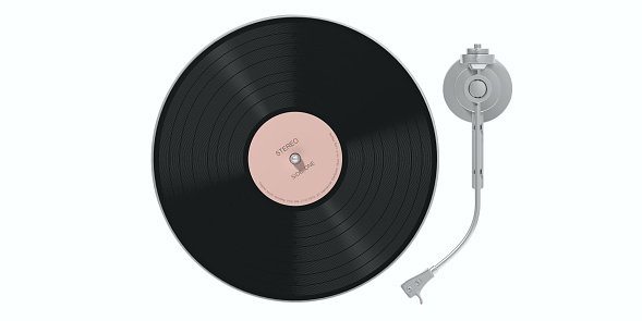 Vinyl record over white background. Horizontal composition with copy space. Vintage music concept.