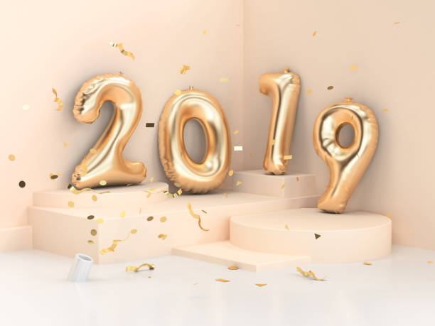 istock 2019 balloon text/number gold 3d rendering geometric corner wall scene 1043435102