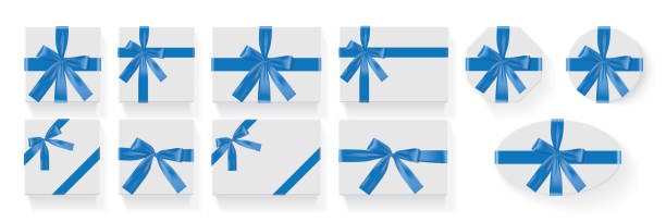 illustrations, cliparts, dessins animés et icônes de différentes formes de boîtes avec un arc bleu vector - bow blue gift white