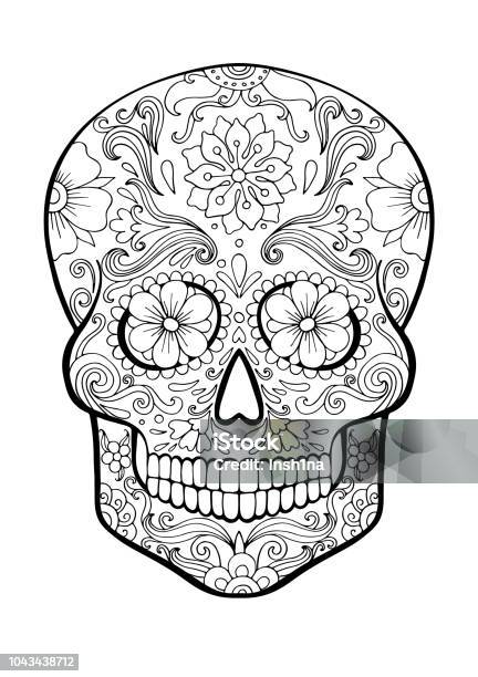 Sugar Skull Day Of Death Coloring Page Stock Illustration - Download Image Now - Art, Backgrounds, Black Color