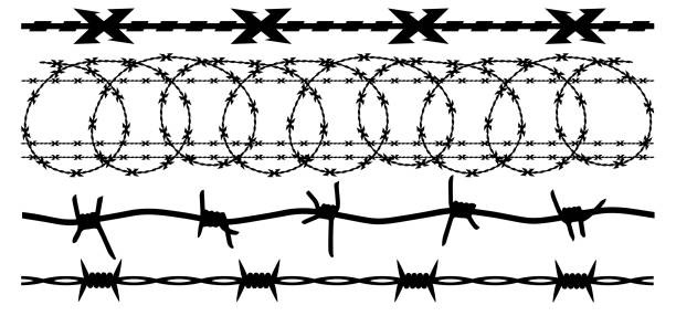 ilustrações de stock, clip art, desenhos animados e ícones de barbed wire, vector silhouette set - barbed wire wire chain vector