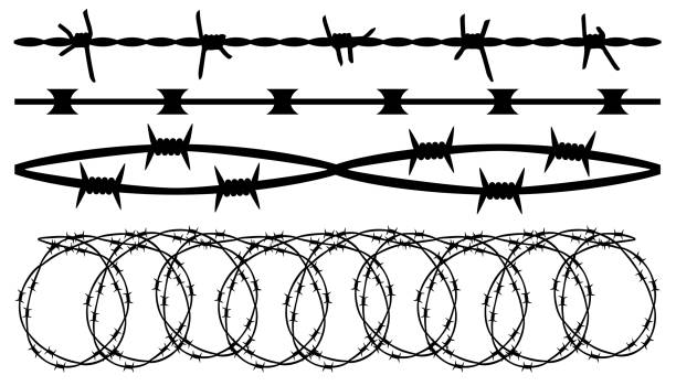 drut kolczasty, bezszwowa szczotka. zestaw drutów kolczastych izolowana sylwetka, tło wektorowe - barbed wire wire war prison stock illustrations