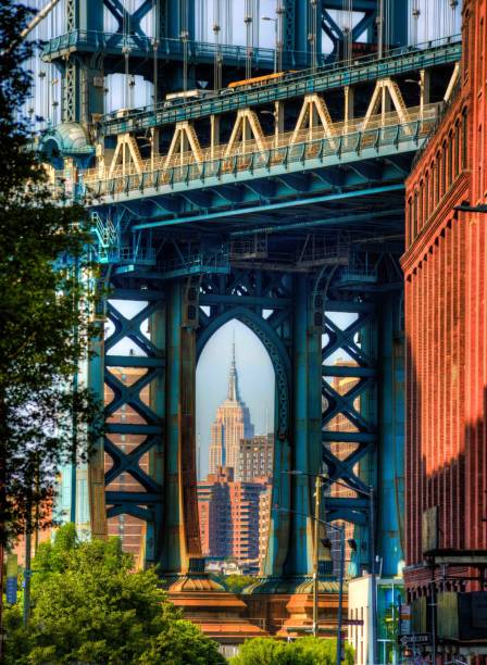 empire and bridge - manhattan bridge imagens e fotografias de stock