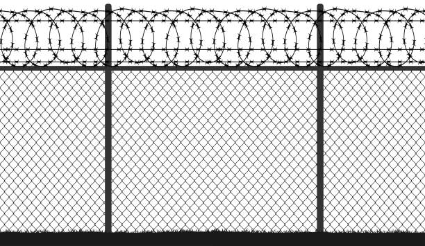 zaun draht gitter stacheldraht, nahtlose vektor silhouette - barbed wire wire war prison stock-grafiken, -clipart, -cartoons und -symbole