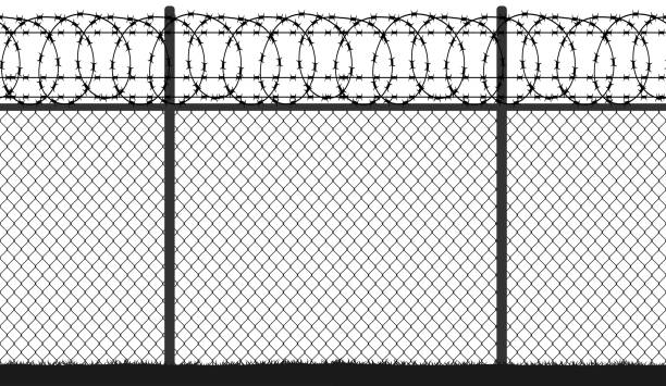 illustrations, cliparts, dessins animés et icônes de grillage en fil de clôture barbelé, silhouette vectorielle continue - prison