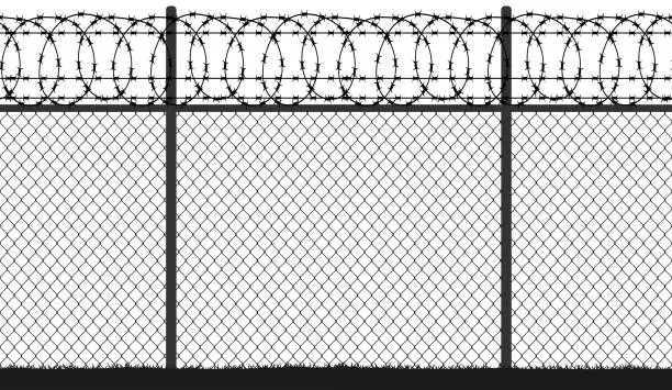 Vector illustration of Fence wire mesh barbed wire, seamless vector silhouette