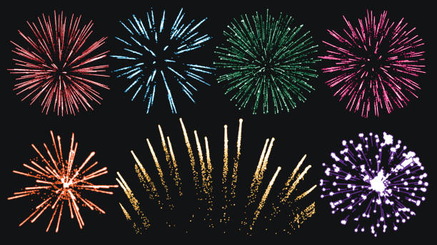 ilustraciones, imágenes clip art, dibujos animados e iconos de stock de fuegos artificiales set vector aislado - pyrotechnics