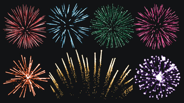 zestaw fajerwerków izolowany wektor - firework display pyrotechnics isolated horizontal stock illustrations
