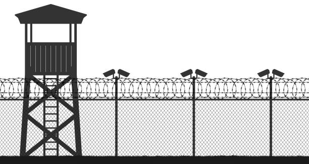 Prison tower, checkpoint, protection territory, watchtower, state border,military base. Street camera on the pillar. Fence wire mesh barbed wire, seamless vector silhouette Prison tower, checkpoint, protection territory, watchtower, state border,military base. Street camera on the pillar. Fence wire mesh barbed wire, seamless vector silhouette military base stock illustrations