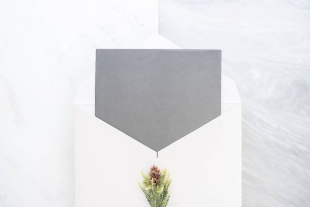 istock Top view of blank grey card in white envelop with pine leaf on two layer step of marble table top.Mock up template for display of design.modern business items. 1043444236