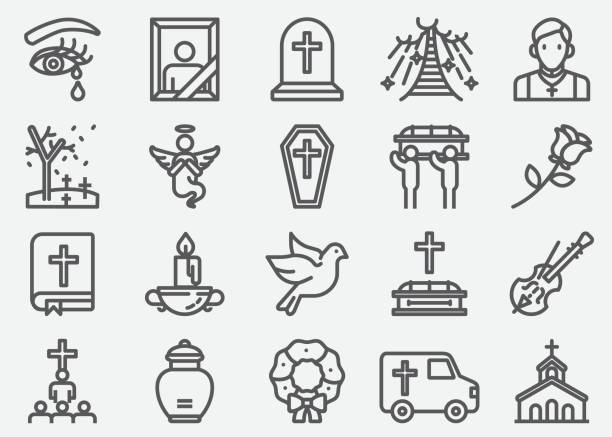 illustrazioni stock, clip art, cartoni animati e icone di tendenza di icone della linea funeraria - crocifisso illustrazioni