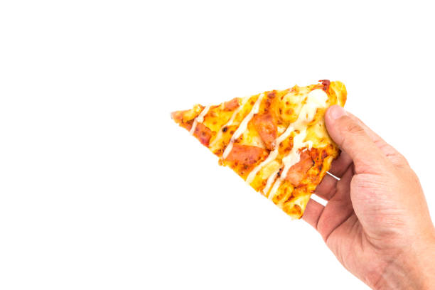 istock Slice of Pizza with hand isolated 1043455926