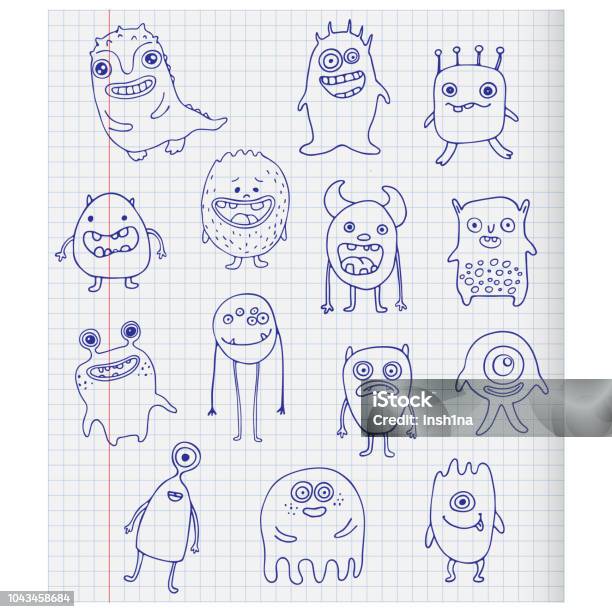 Cute Hand Drawn Monsters Childrens Drawing In The Notebook Stock Illustration - Download Image Now