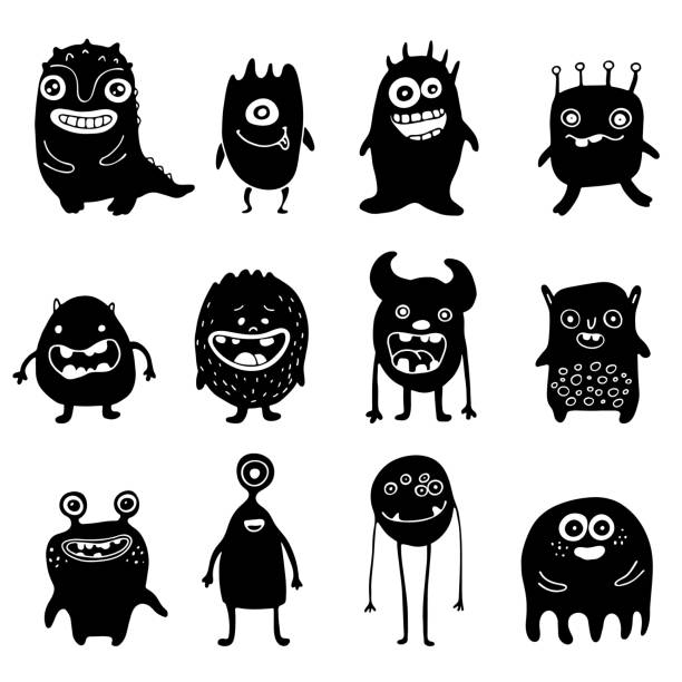 ilustraciones, imágenes clip art, dibujos animados e iconos de stock de siluetas de monstruos lindo conjunto - robot manga style cute characters