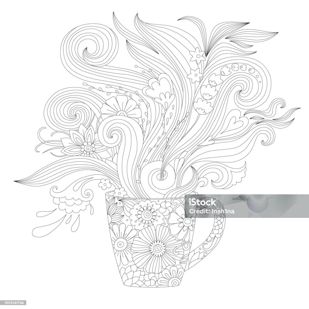 tea time , cup with floral pattern, anti-stress coloring page Backgrounds stock vector