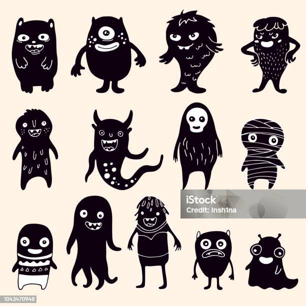 Black And White Cute Monsters Set Stock Illustration - Download Image Now - Monster - Fictional Character, Doodle, Bizarre