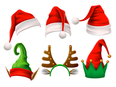 Christmas holiday hat. Funny 3d elf, snow reindeer and Santa Claus hats wearing for noel sign. Elves fur cap clothes, decoration xmas costume cartoon isolated vector icon set