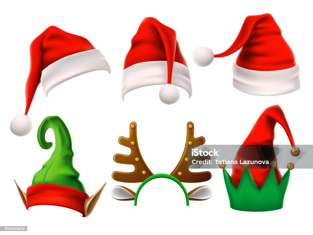 Christmas holiday hat. Funny 3d elf, snow reindeer and Santa Claus hats for noel. Elves clothes isolated vector set Christmas holiday hat. Funny 3d elf, snow reindeer and Santa Claus hats wearing for noel sign. Elves fur cap clothes, decoration xmas costume cartoon isolated vector icon set Christmas stock vector