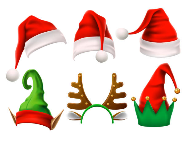 Christmas holiday hat. Funny 3d elf, snow reindeer and Santa Claus hats for noel. Elves clothes isolated vector set Christmas holiday hat. Funny 3d elf, snow reindeer and Santa Claus hats wearing for noel sign. Elves fur cap clothes, decoration xmas costume cartoon isolated vector icon set hat stock illustrations