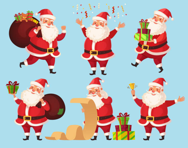 크리스마스 산타 만화 캐릭터입니다. 재미 있는 산타 클로스 크리스마스 선물, 겨울 휴가 문자 벡터 일러스트 레이 션 세트 - santa stock illustrations