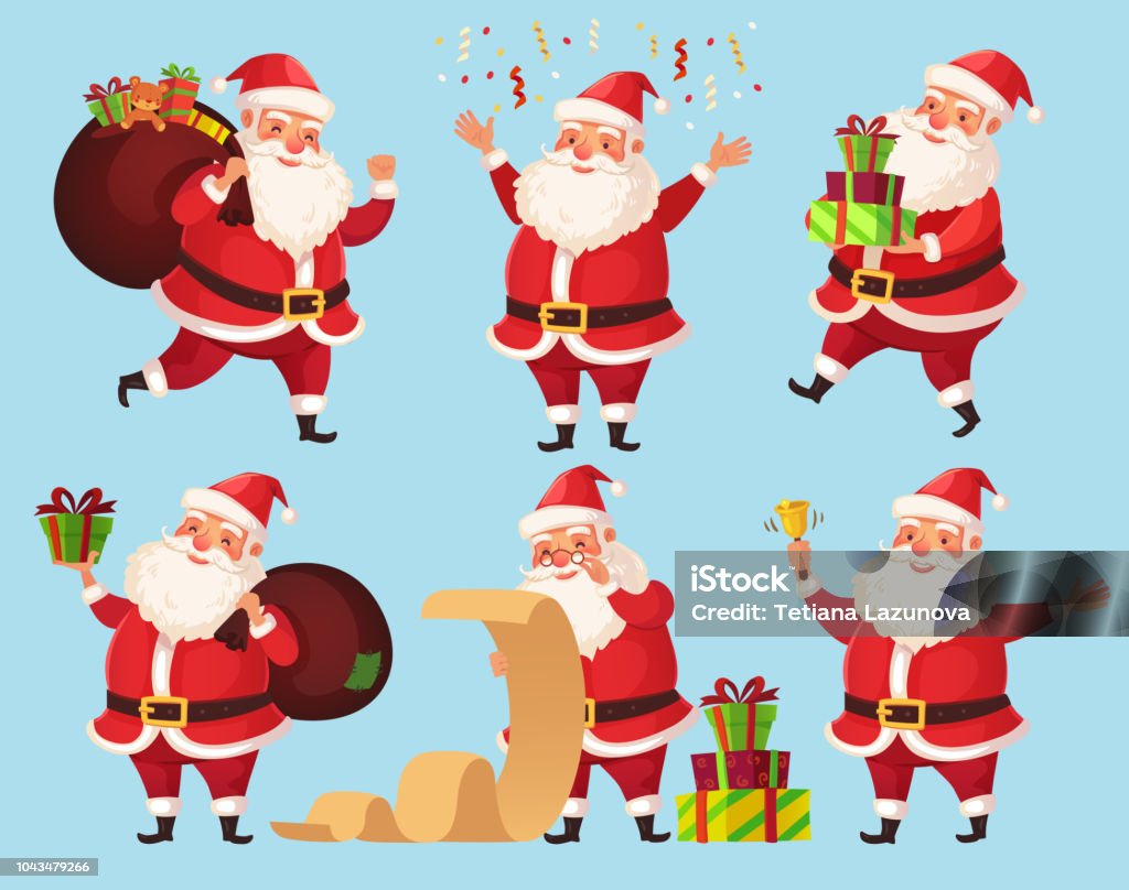Christmas Santa Cartoon Character Funny Santa Claus With Xmas Presents  Winter Holiday Characters Vector Illustration Set Stock Illustration -  Download Image Now - iStock