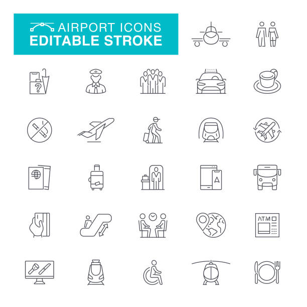 ilustraciones, imágenes clip art, dibujos animados e iconos de stock de iconos de movimiento editables de aeropuerto - airport airplane travel airport lounge