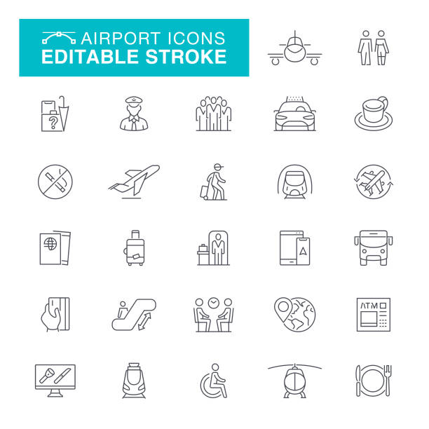 Airport Editable Stroke Icons Airplane, Passport, Bus, Luggage, Internet, Ticket Editable Line Icon Set airport icons stock illustrations