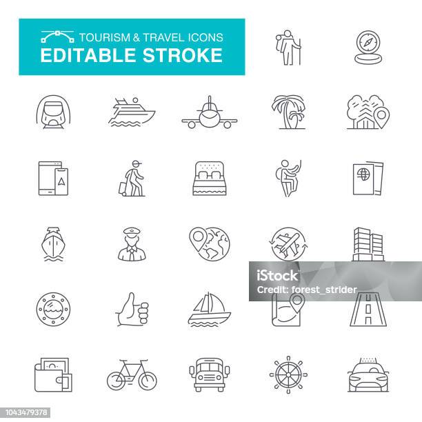 Tourism And Travel Editable Stroke Icons Stock Illustration - Download Image Now - Icon Symbol, Travel, Palm Tree