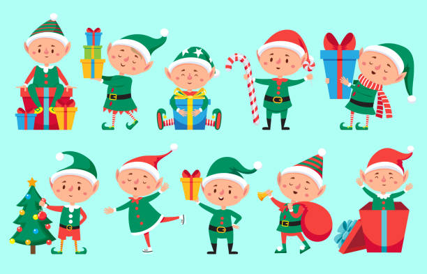 Christmas elf character. Cute Santa Claus helpers elves. Funny Xmas winter baby dwarf characters vector set Christmas elf character. Cute Santa Claus helpers elves. Funny Xmas winter baby dwarf little fantasy helper characters creature with gift, new year vector isolated symbols set elf stock illustrations