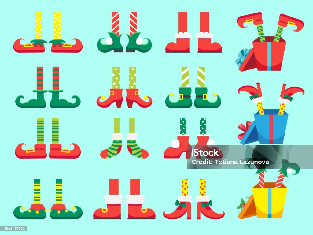 Pies de elfo de Navidad. Zapatos para el pie de los elfos ayudantes de Santa Claus enano piernas en pantalones. Presente de Navidad y regalos vector aislado conjunto - arte vectorial de Elfo libre de derechos
