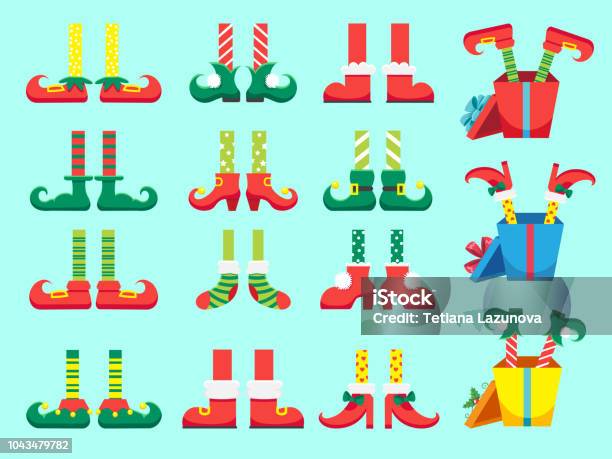 Christmas Elf Feet Shoes For Elves Foot Santa Claus Helpers Dwarf Leg In Pants Xmas Present And Gifts Isolated Vector Set Stock Illustration - Download Image Now