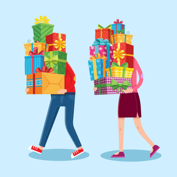 istock Carry gifts stack. Carrying Christmas stacked presents in man and woman character hands. Heavy gift pile vector cartoon illustration 1043479908