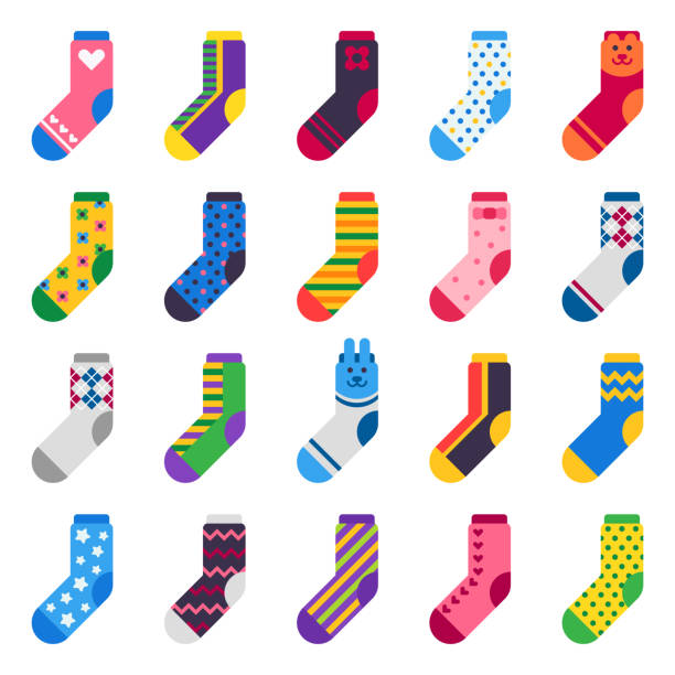 socke-symbol. sport lange socken, füße kleidung und gestreiften warme strümpfe isoliert vektor-flach-set für kinder - vector pattern cotton square shape stock-grafiken, -clipart, -cartoons und -symbole