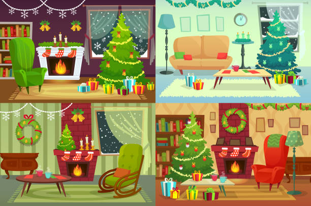 ilustraciones, imágenes clip art, dibujos animados e iconos de stock de interior de la sala de navidad. decoración casa de navidad, regalos de santa en árbol tradicional y vacaciones de invierno casa ilustración vector interior - christmas window santa claus lighting equipment