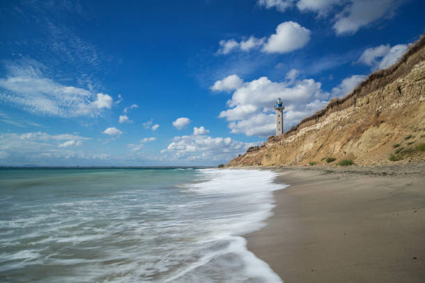 Sea lighthouse and beautiful empty beach on the bulgarian Black Sea coast