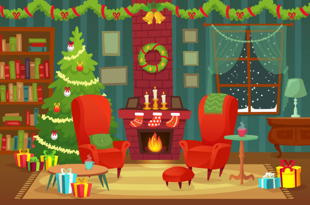 stockillustraties, clipart, cartoons en iconen met ingerichte kamer van de kerst. winter interieur decoraties voor de feestdagen, in de buurt van open haard en xmas boom achtergrond vectorillustratie leunstoel - fireplace