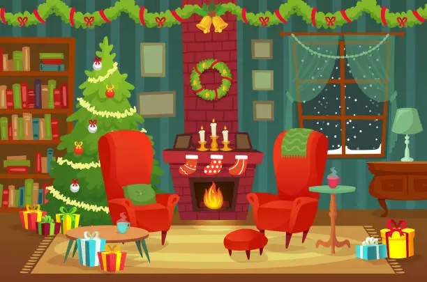 Vector illustration of Decorated christmas room. Winter holiday interior decorations, armchair near fireplace and xmas tree vector background illustration