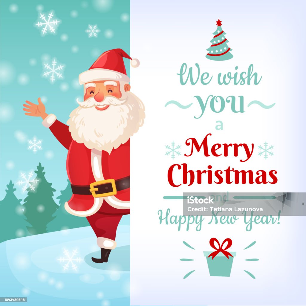 Merry Christmas card. Santa Claus greeting cards template, winter holidays banner vector illustration Merry Christmas card. Santa Claus greeting cards template, winter holidays greetings poster with swirls type, eve and snowflakes. Cartoon 2019 Xmas vintage banner vector illustration Santa Claus stock vector